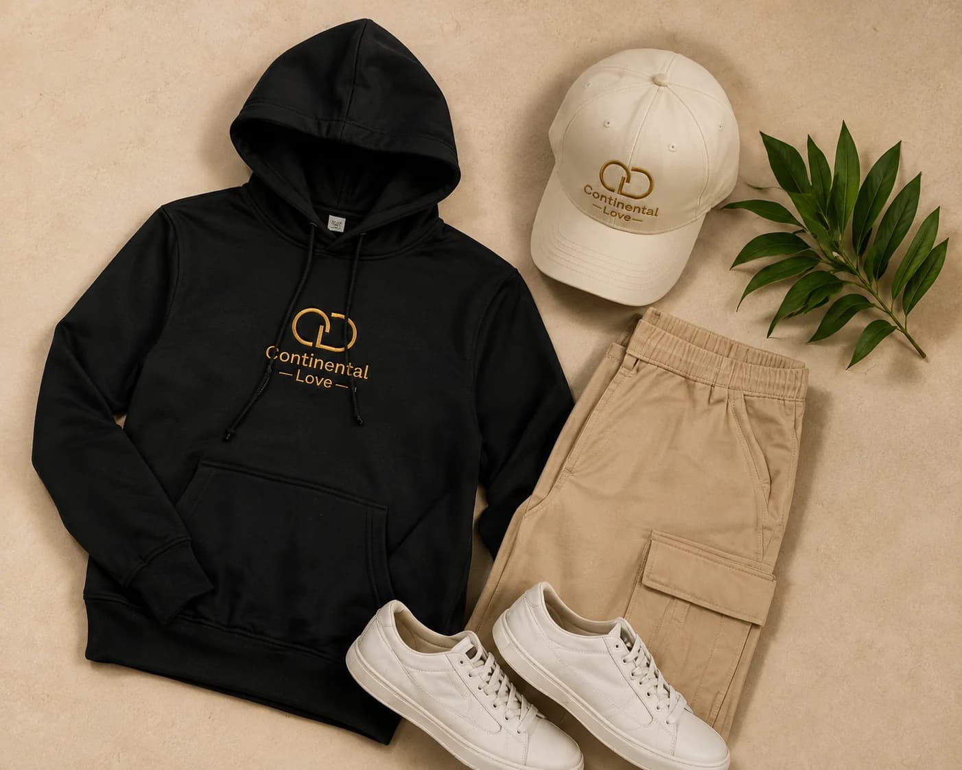 Continental Love clothing and accessories arranged together