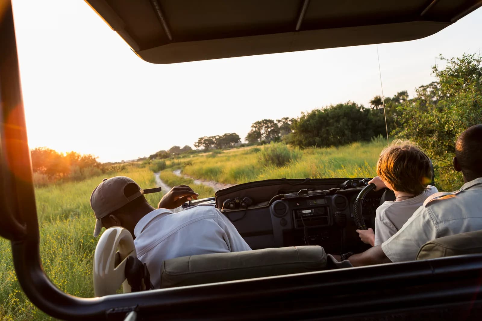 A family viewing the landscape from inside a safari vehicle