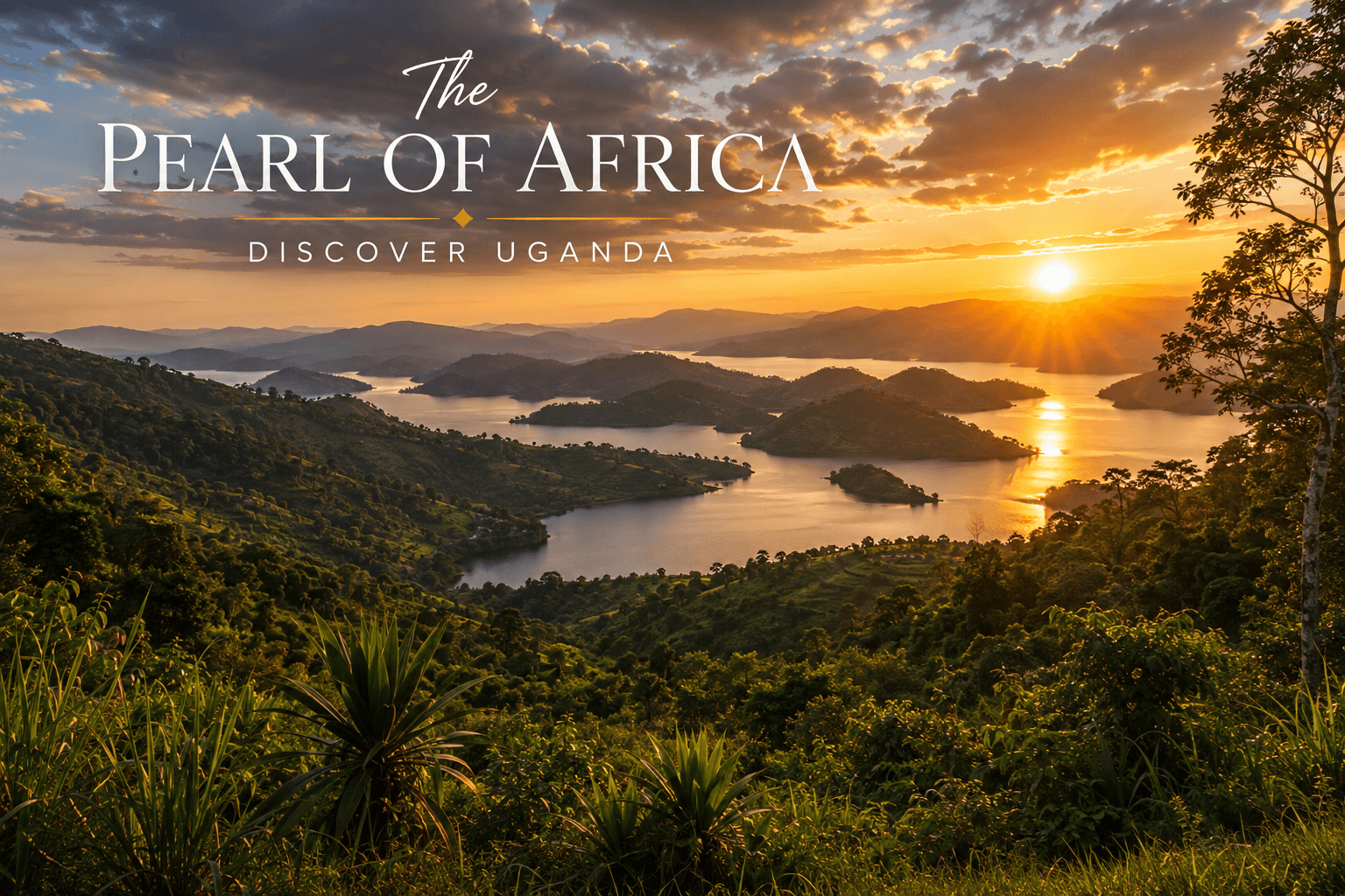 Sunset over the green islands of Lake Bunyonyi