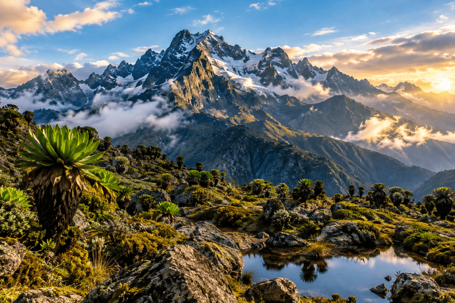 The Rwenzori Mountains rising over green foothills